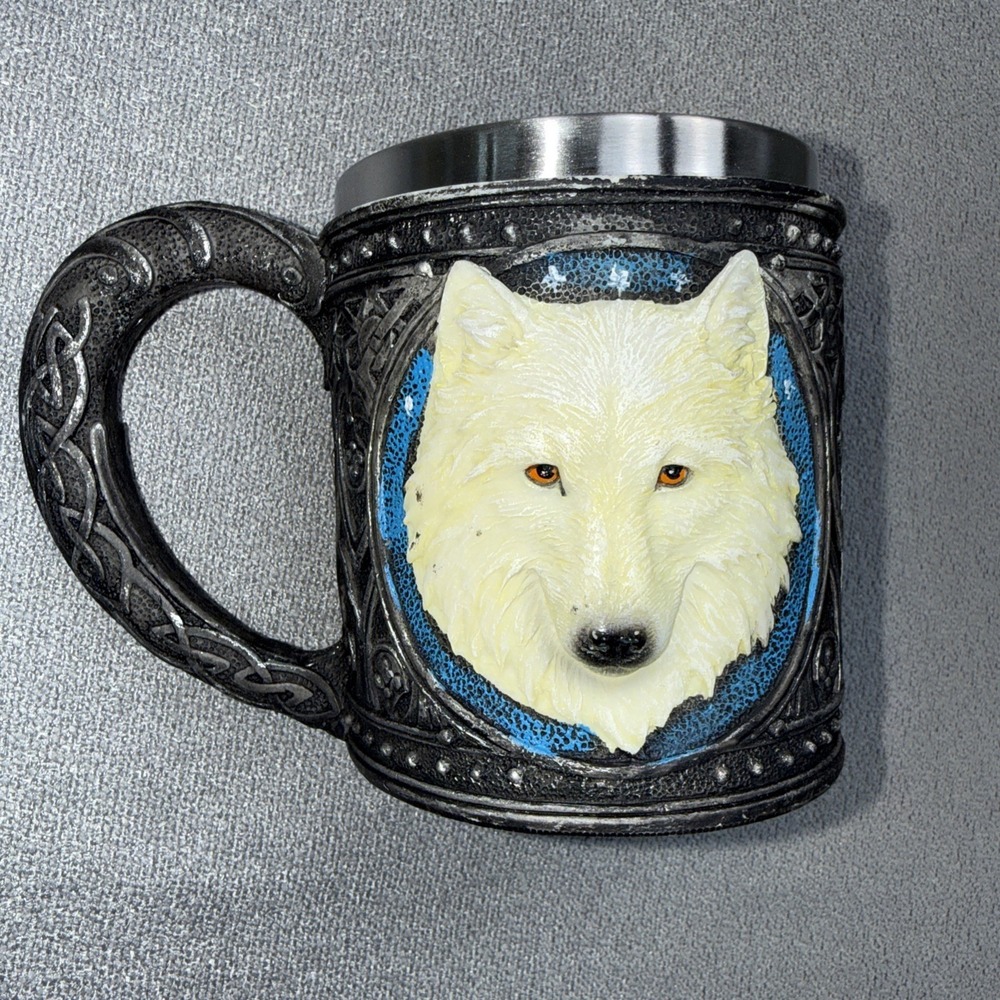 Ebros Celtic Direwolf Ghost White Wolf Mug 16oz Resin Wolf Totem Spirit Cup